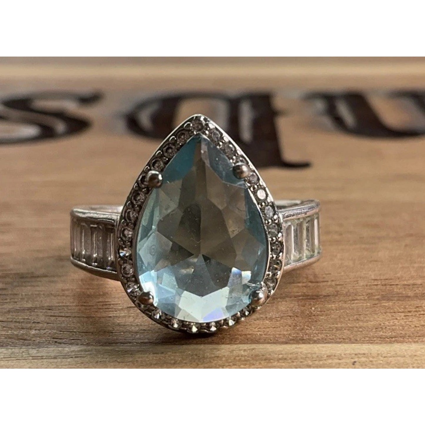 Vintage Blue Pear Cut Gemstone Halo Ring Sterling Silver Statement Ring Size 7