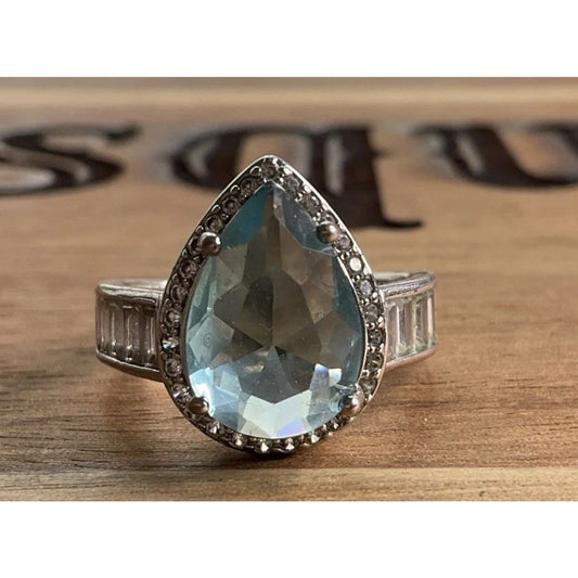 Vintage Blue Pear Cut Gemstone Halo Ring Sterling Silver Statement Ring Size 7