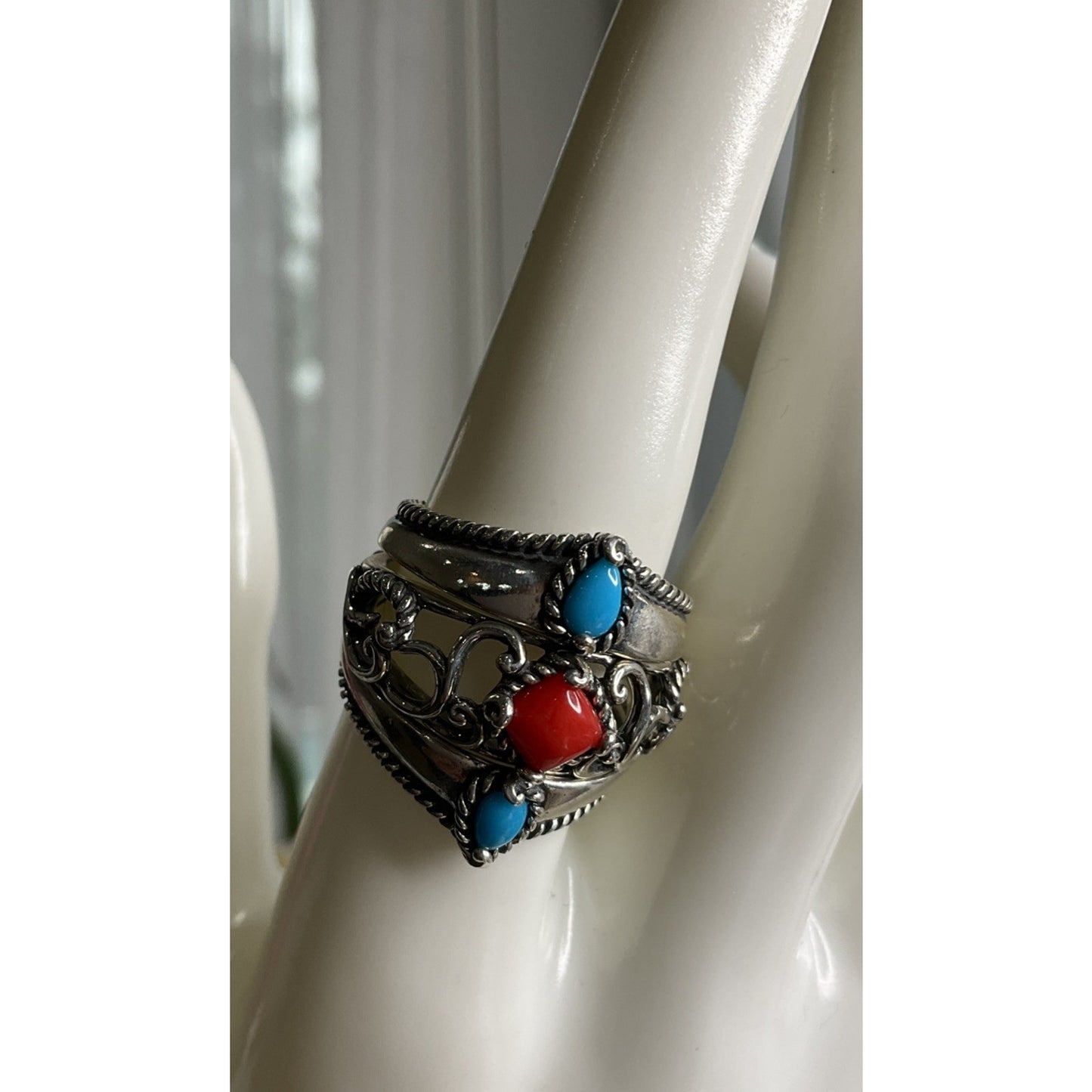 Carolyn Pollack 925 Sterling Silver Turquoise Coral Ring Size 9.75