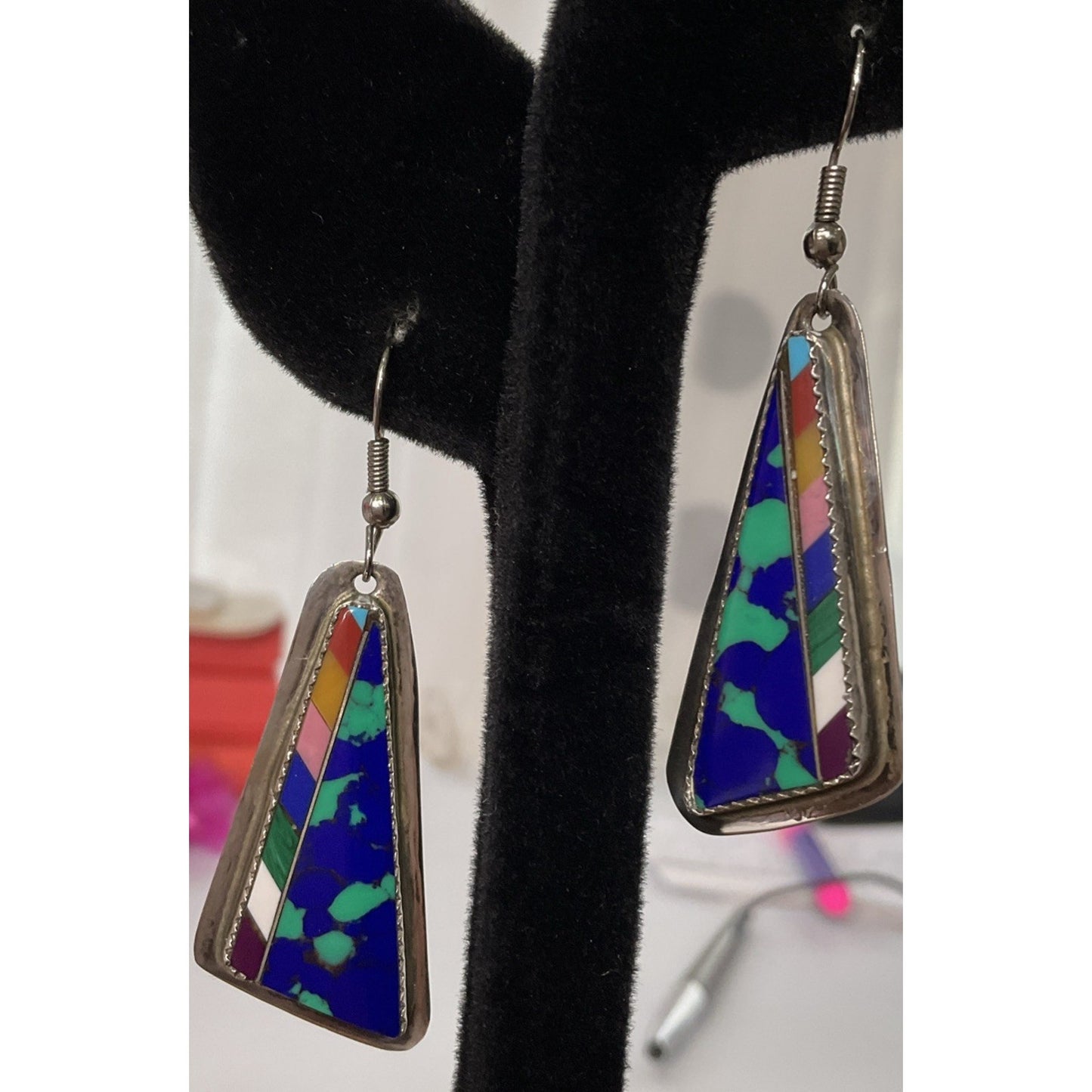 Southwest Sterling Silver Colorful Inlay Triangle Earrings