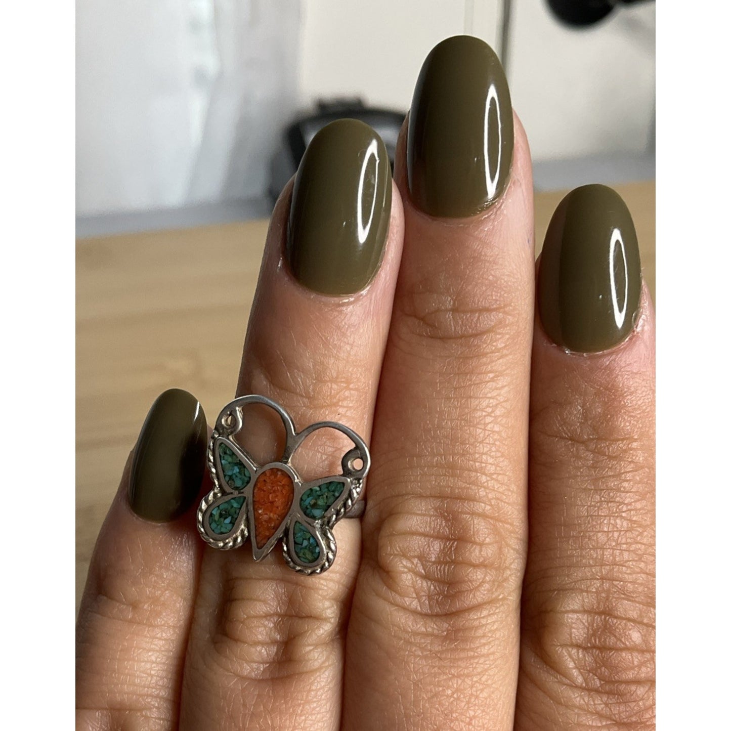 Vintage Sterling Silver Crushed Turquoise Native American Butterfly Ring Sz 5.5