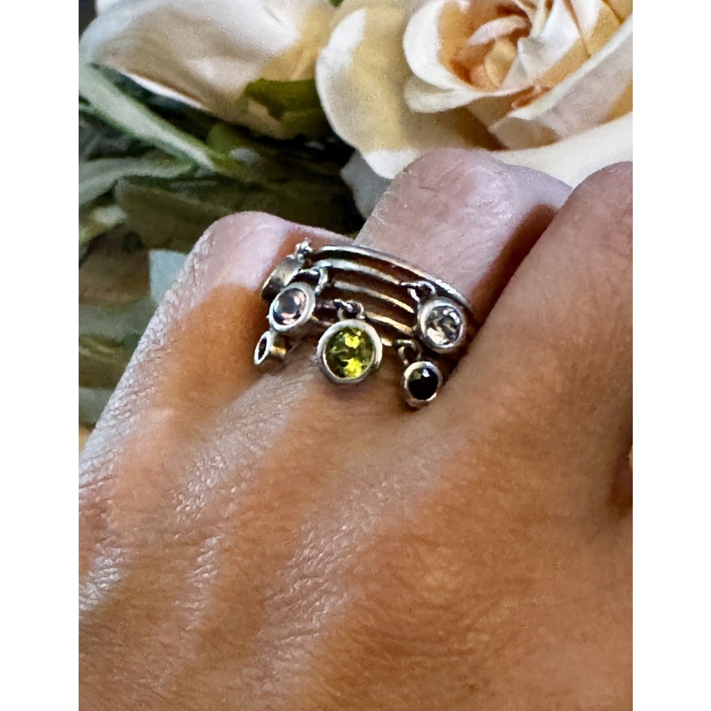 Vintage 90s Thai Sterling Silver Gemstone Dangle Ring Sz 8 Peridot Topaz Citrine