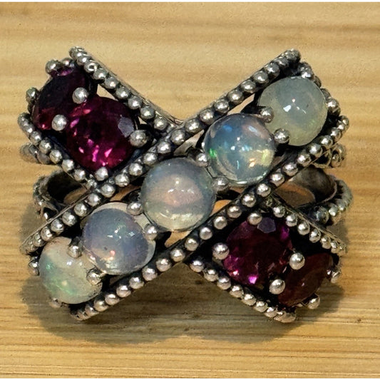 Vintage Sterling Silver Opal & Garnet Statement Ring Boho Bali Ring Size 8.5