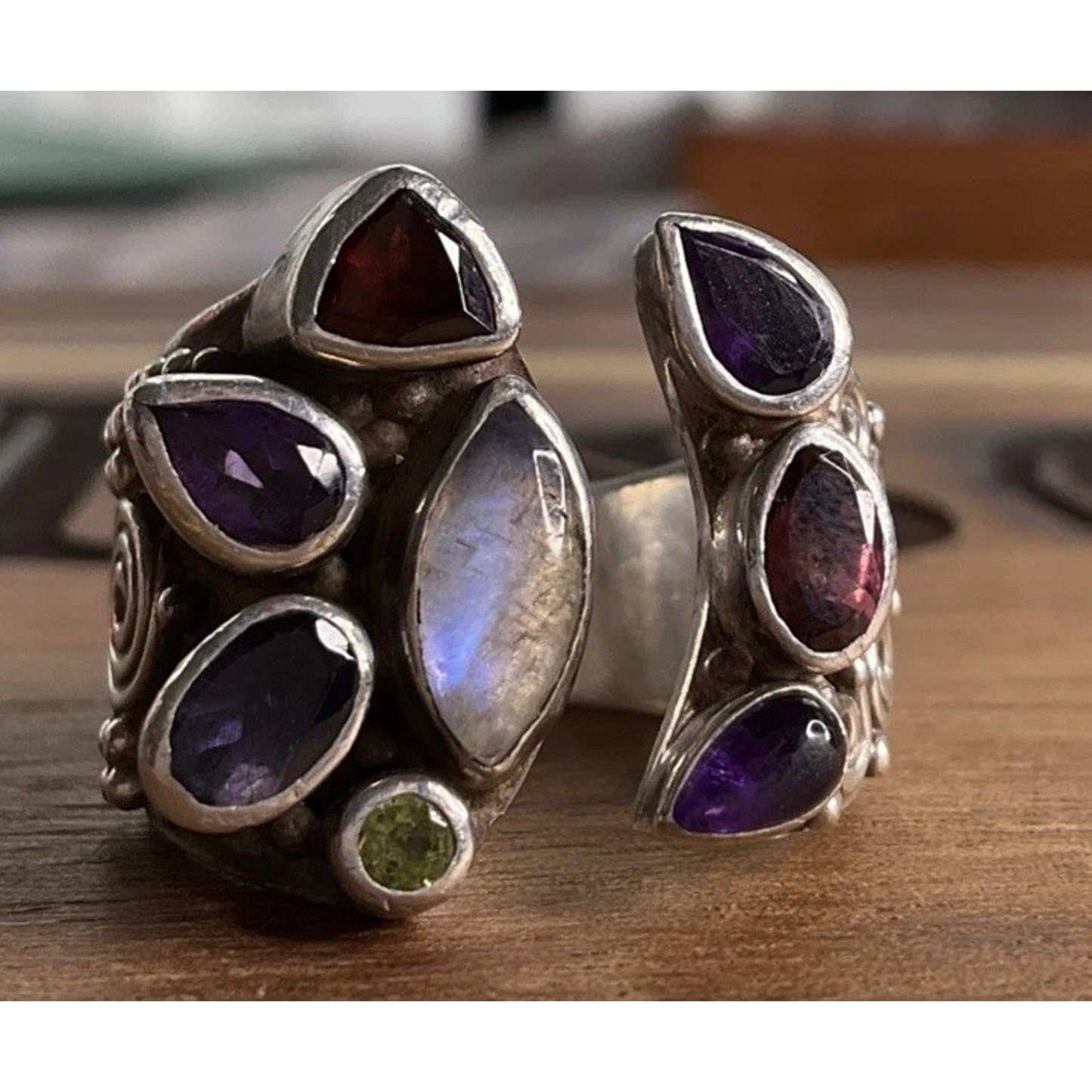Sajen Sterling Silver Multi Gemstone Ring Amethyst Garnet Moonstone Size 6.5