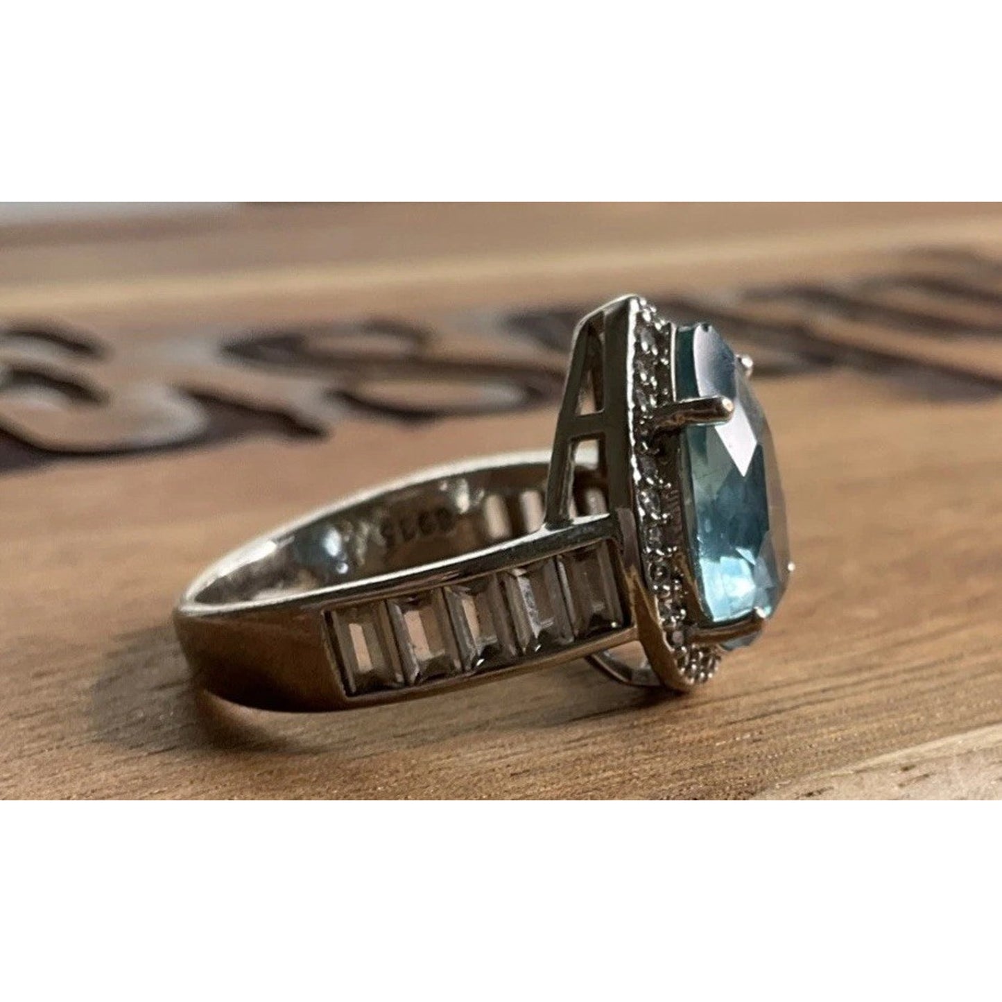 Vintage Blue Pear Cut Gemstone Halo Ring Sterling Silver Statement Ring Size 7
