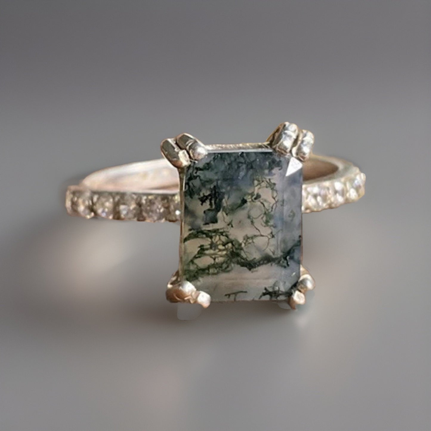 Vintage Sterling Silver Moss Agate Ring Size 8 Emerald Cut Dendritic Style 925