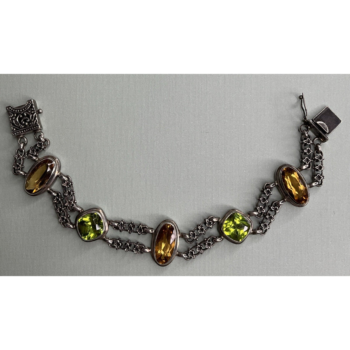 Vintage Sterling Silver Citrine Peridot Gemstone Double Chain Bracelet