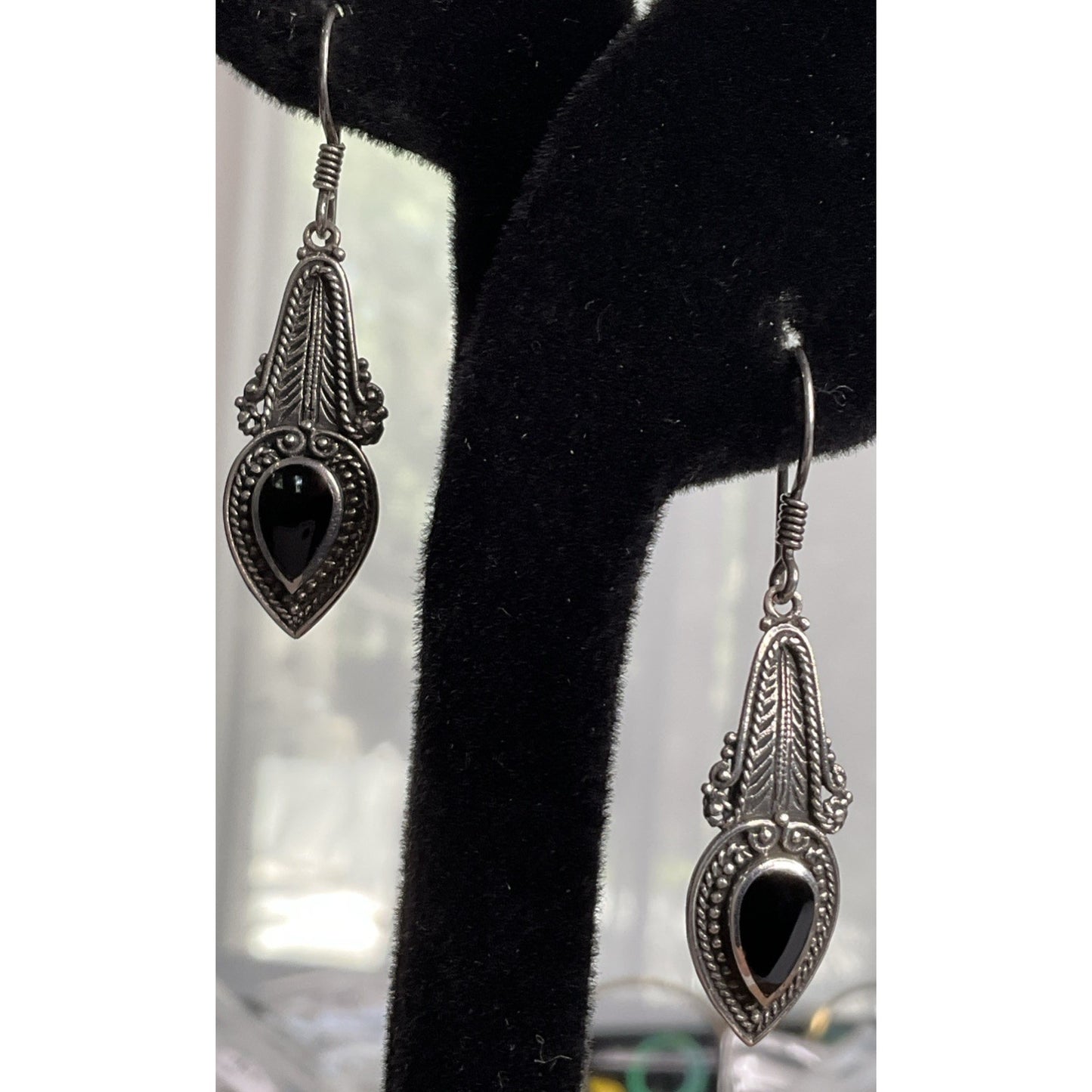 Vintage Boma Sterling Silver Black Onyx Teardrop Bali Style Dangle Drop Earrings