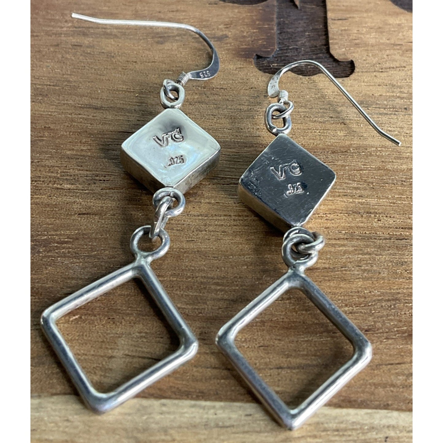 Vintage VC Sterling Silver Black Onyx Square Open Geometric Dangle Drop Earrings