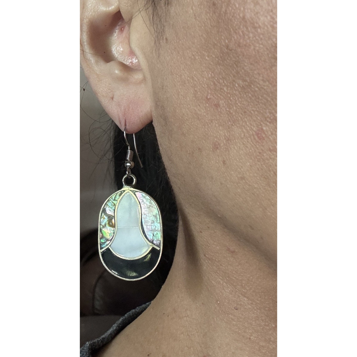 Vintage Alpaca Sterling Silver Mother of Pearl Abalone Inlay Dangle Earrings