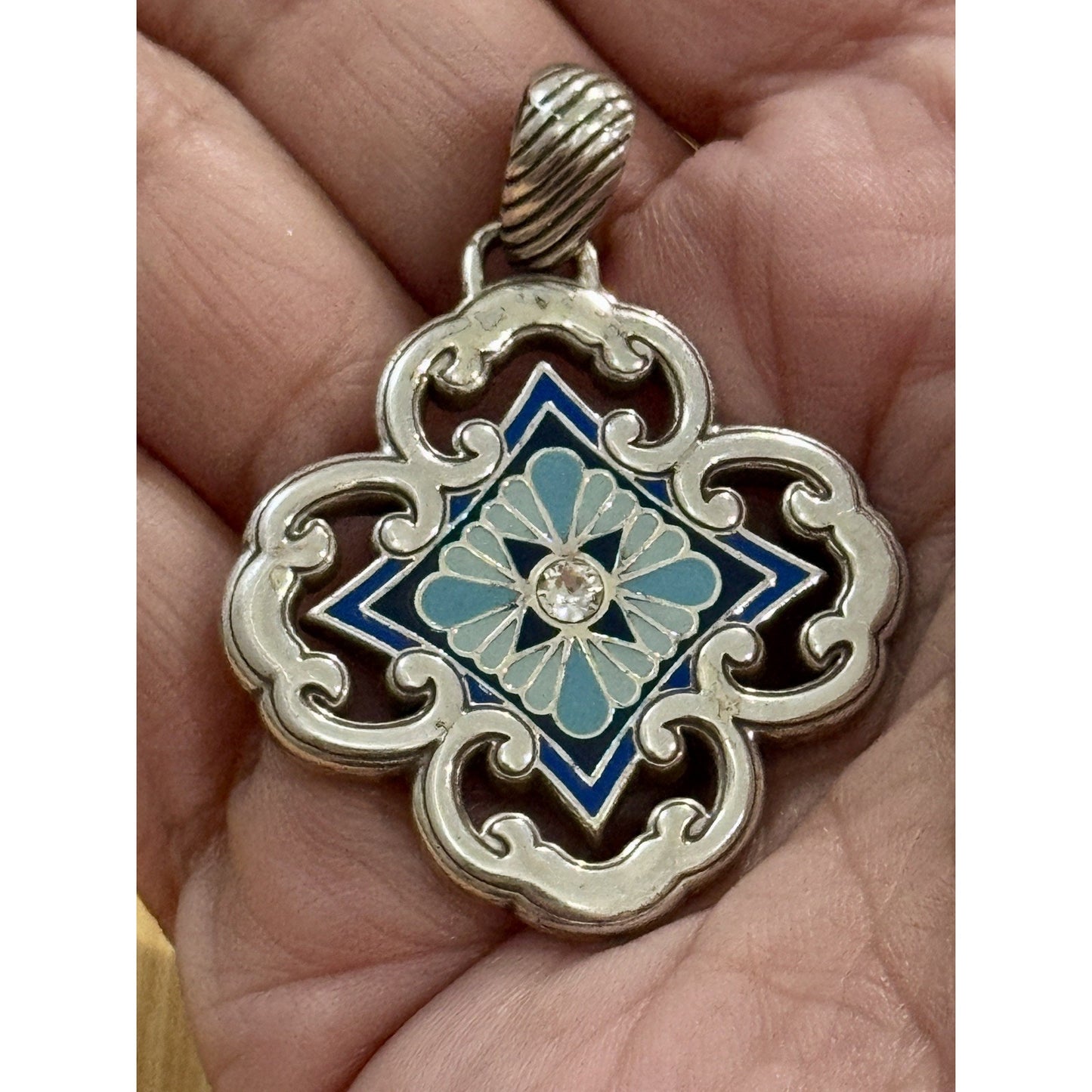 BRIGHTON Bella Capri Reversible Blue Enamel Mosaic Clover Silver Tone Pendant 2”