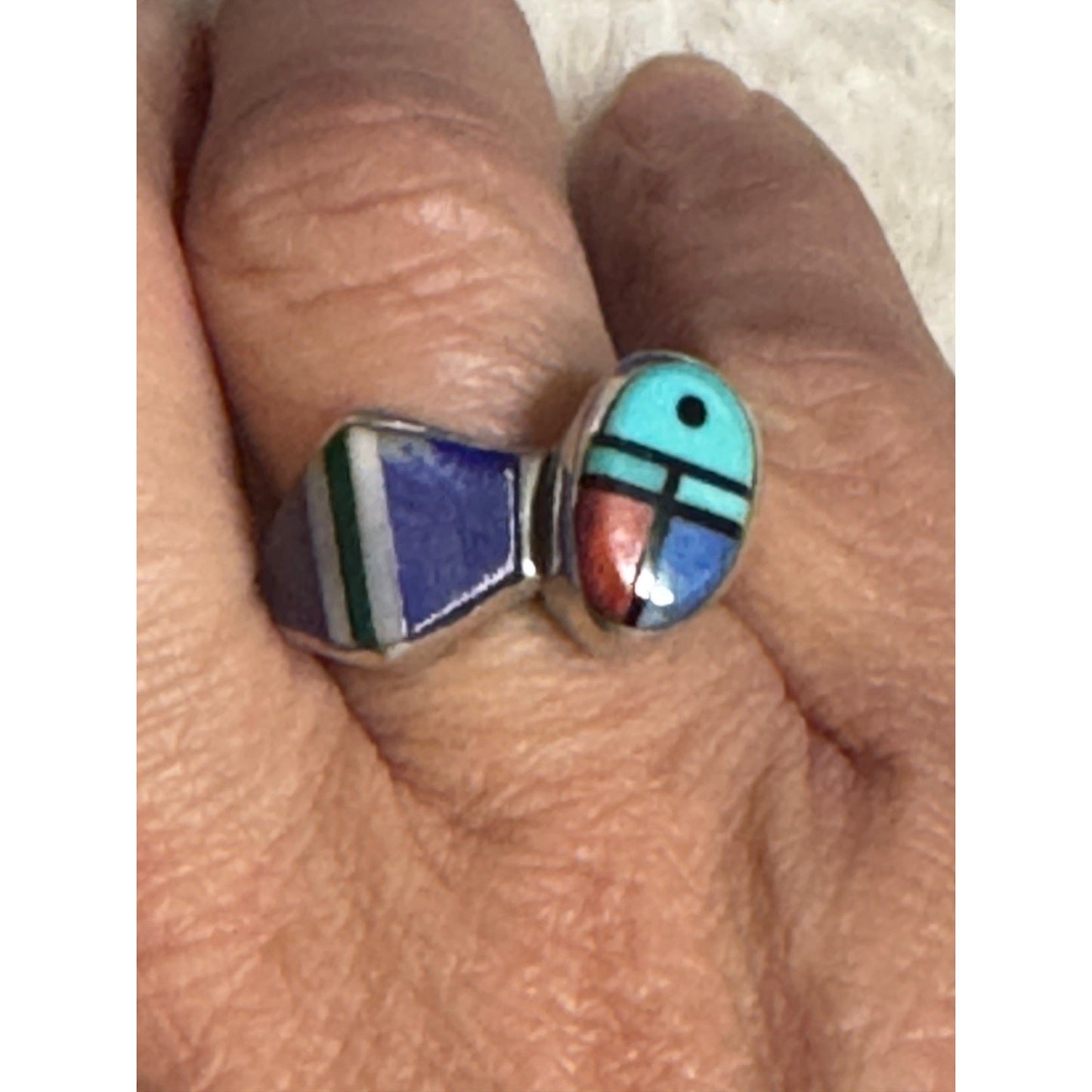 V Benally Navajo Sterling Silver Inlay Ring Turquoise Lapis Spiny Oyster Sz 7.25