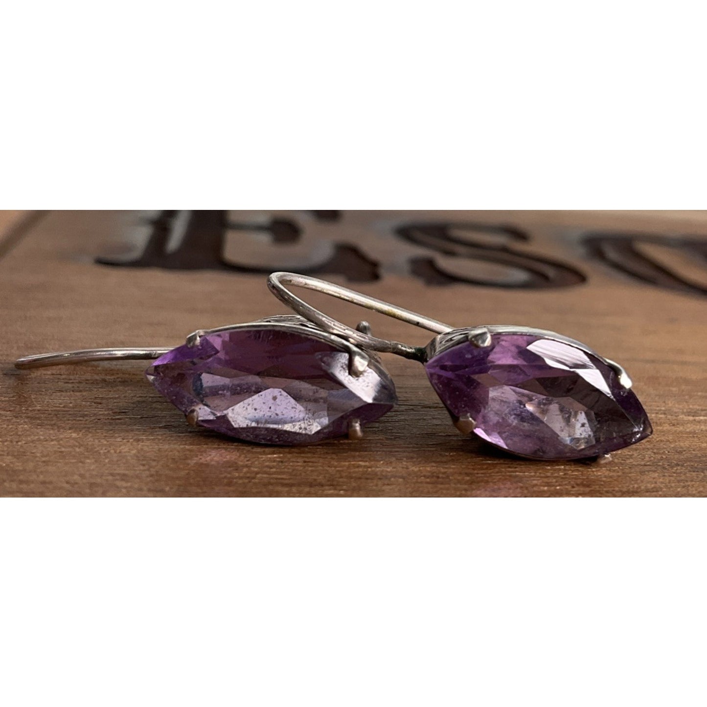 Vintage Sterling Silver Purple Amethyst Gemstone Marquise Leverback Earrings