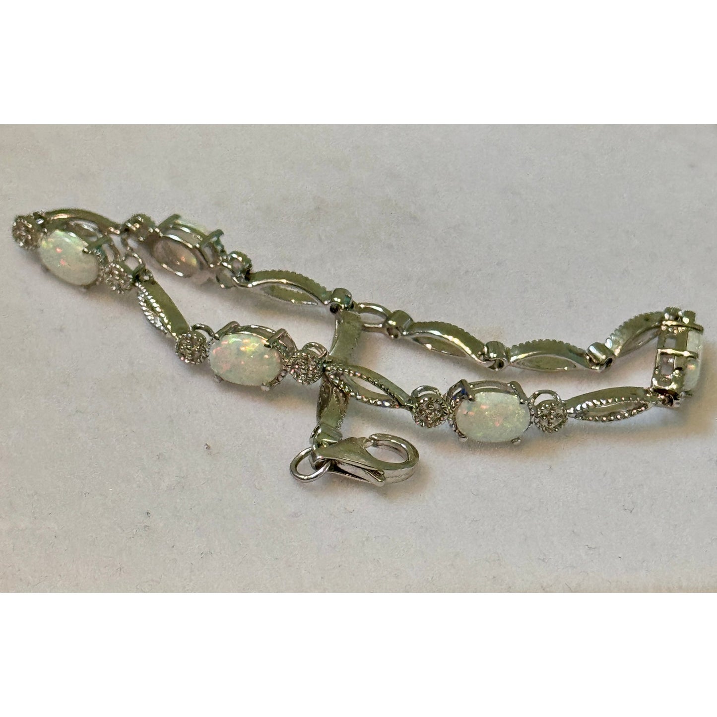 925 Sterling Silver Opal Cabachon Moissanite Bracelet 7.5” White Fire Opal 6g