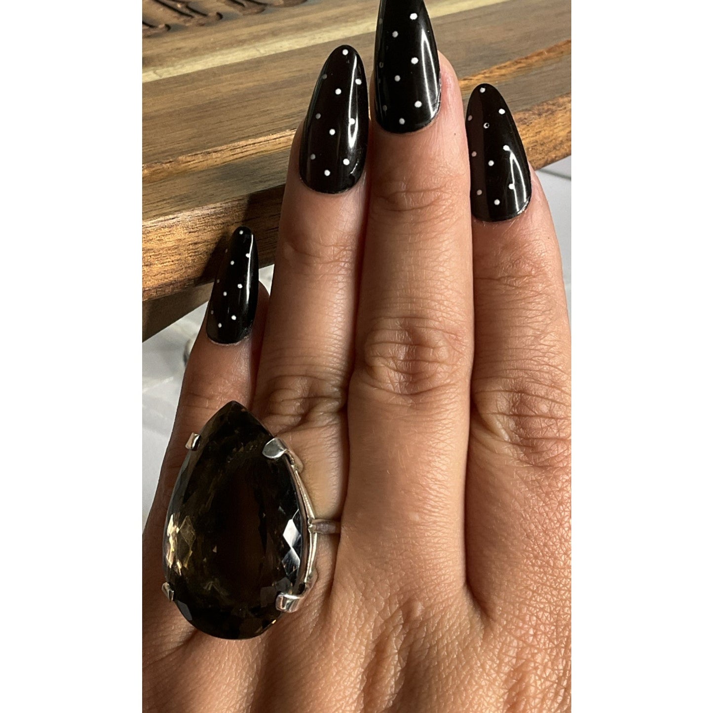 Vintage Sterling Silver Large Smoky Quartz Pear Cocktail Statement Ring 22g Sz 7