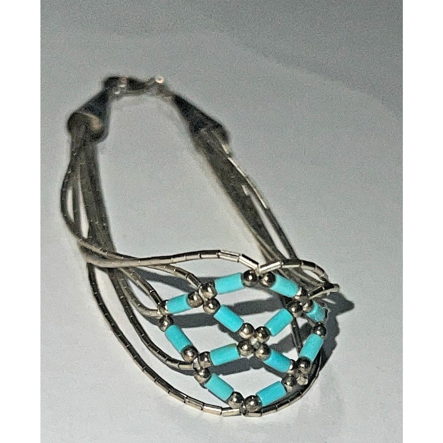 Vintage Sterling Silver Turquoise Beaded Heshi Multi Strand Bracelet 7.5” Native