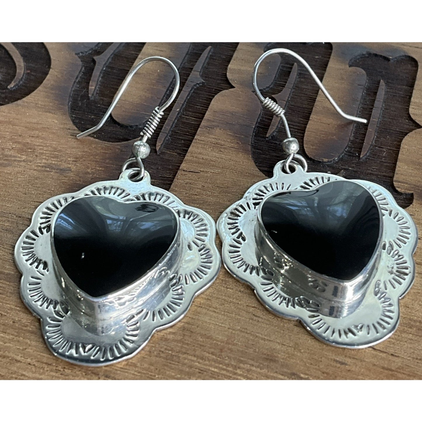 Vintage Native American Sterling 925 Black Onyx Heart Earrings Southwest 90s 13g