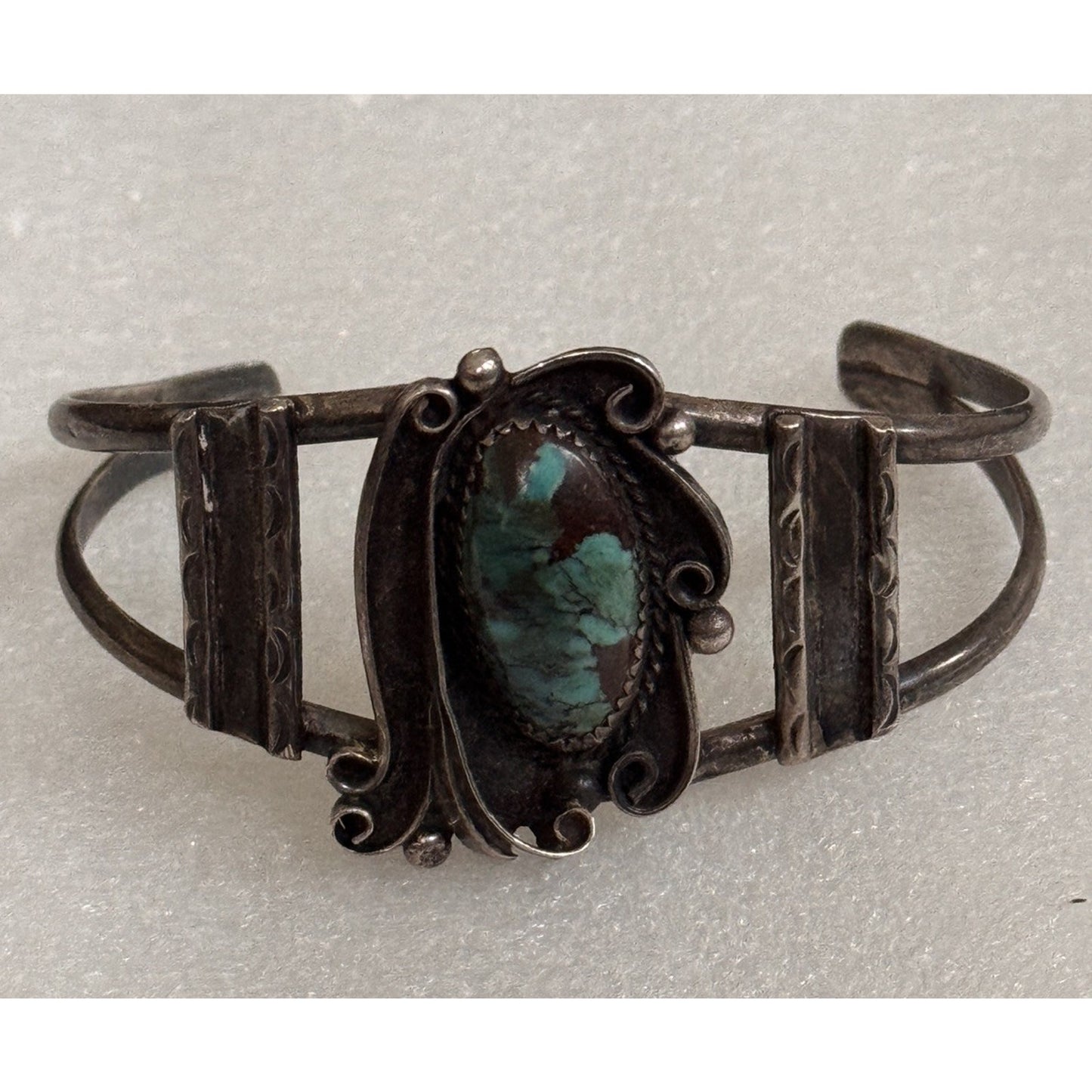 Vintage Navajo Sterling Royston Turquoise Cuff Bracelet Signed Artist KM 70s-80s