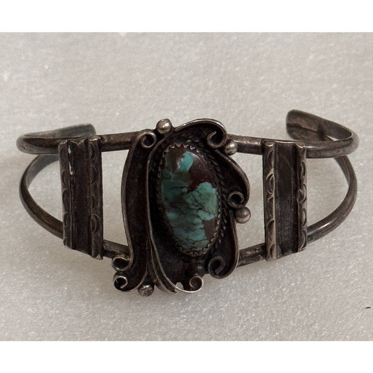 Vintage Navajo Sterling Royston Turquoise Cuff Bracelet Signed Artist KM 70s-80s