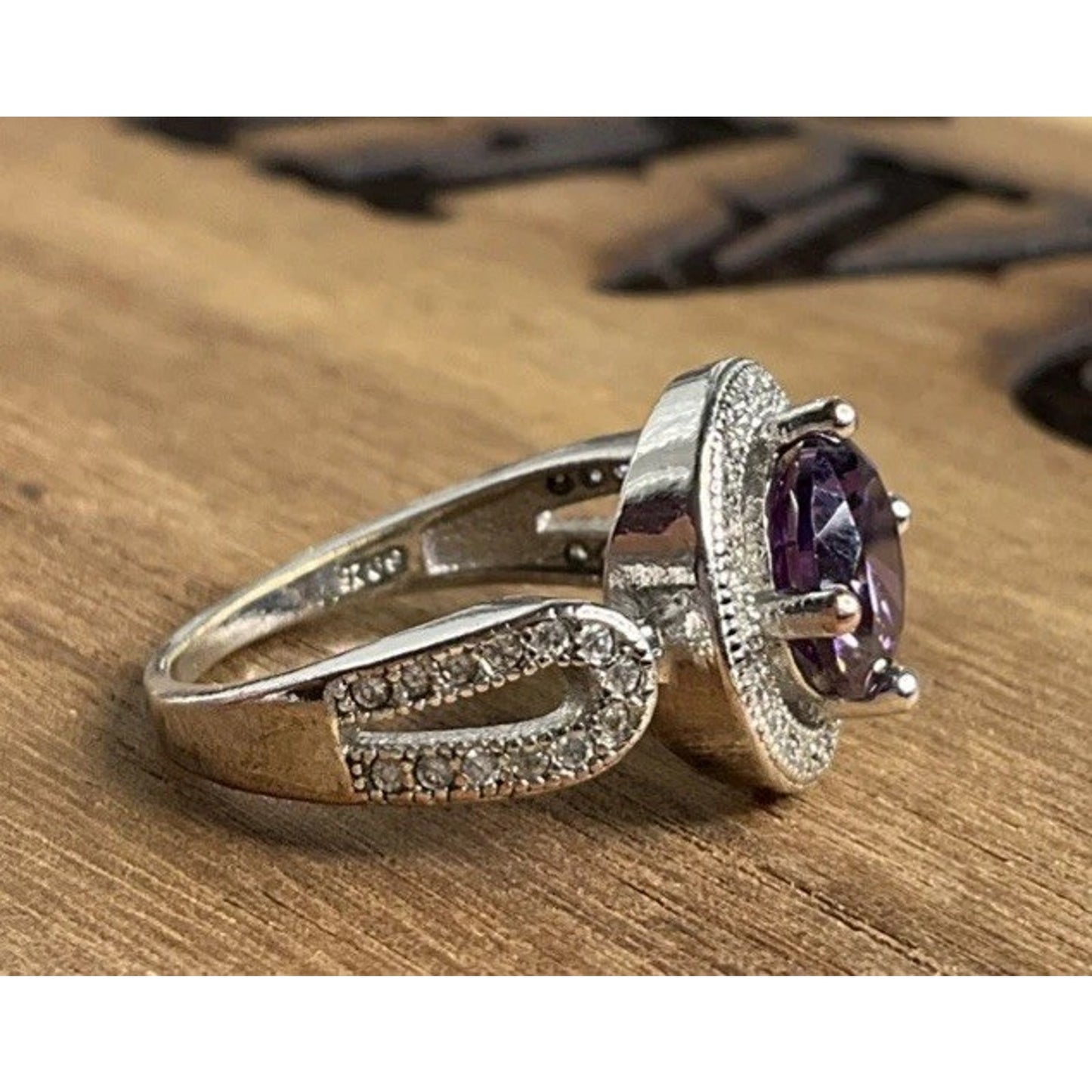 Sterling Silver Purple Halo Ring S925 Vintage Style CZ Size 6.5