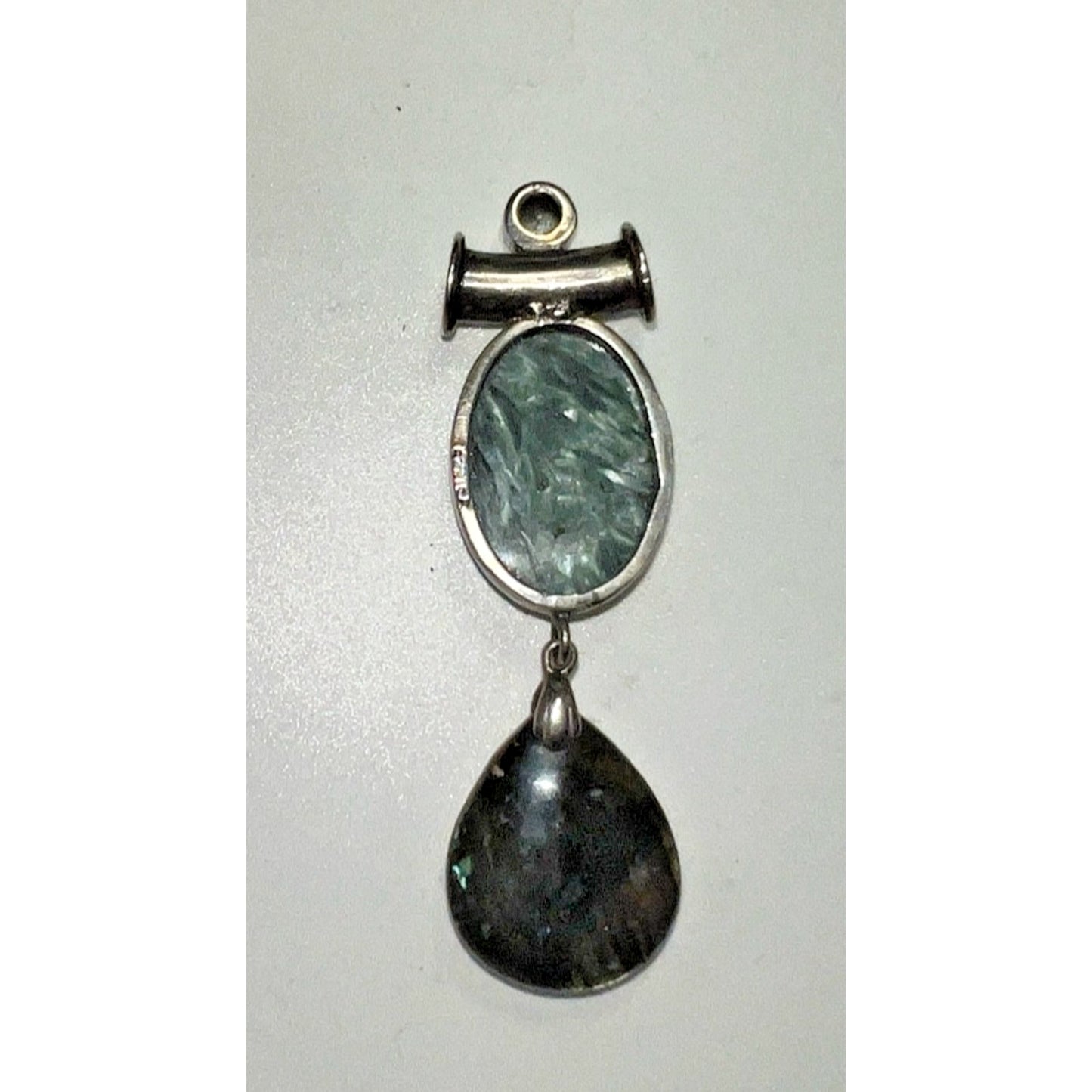 Vintage Sterling Silver Seraphinite Pearl & Obsidian Pendant Modernist 3” 18g