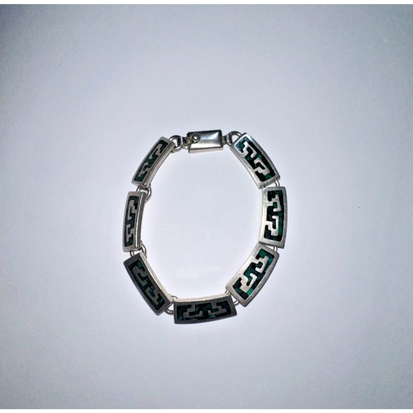 Vintage Mexican Sterling Silver 925 Malachite Inlay Panel Bracelet – Geometric