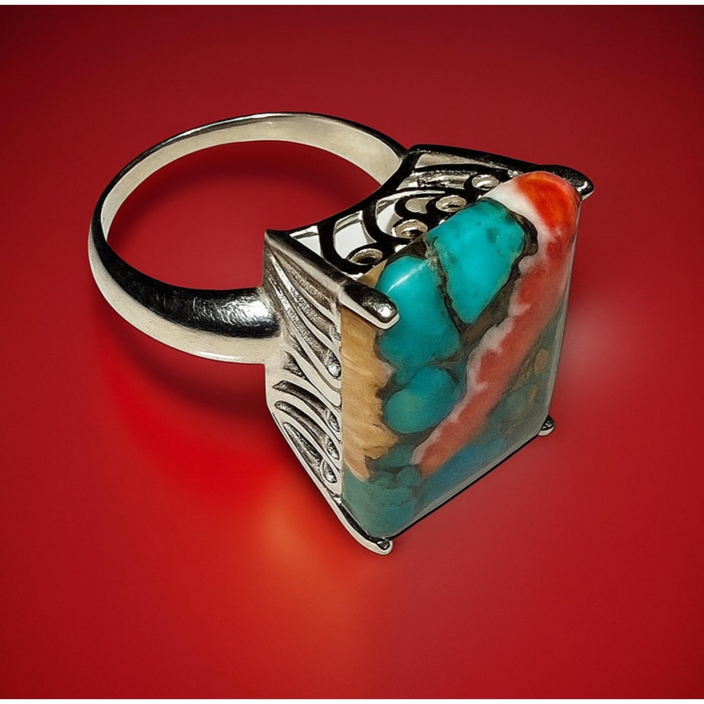 Handmade Sterling Silver Multicolor Mohave Turquoise & Spiny Oyster Ring 10.5