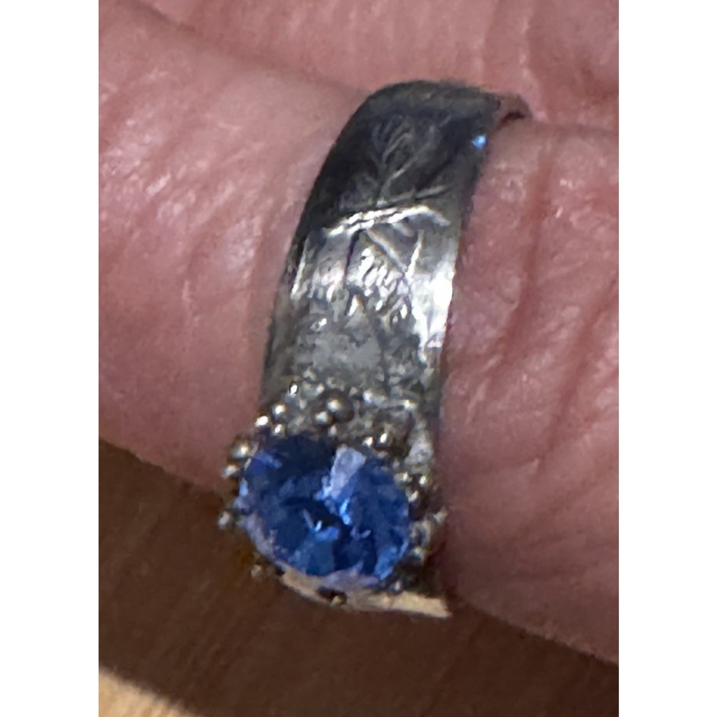 Vintage Thai Sterling Silver Blue Topaz Ring Wide Engraved Band