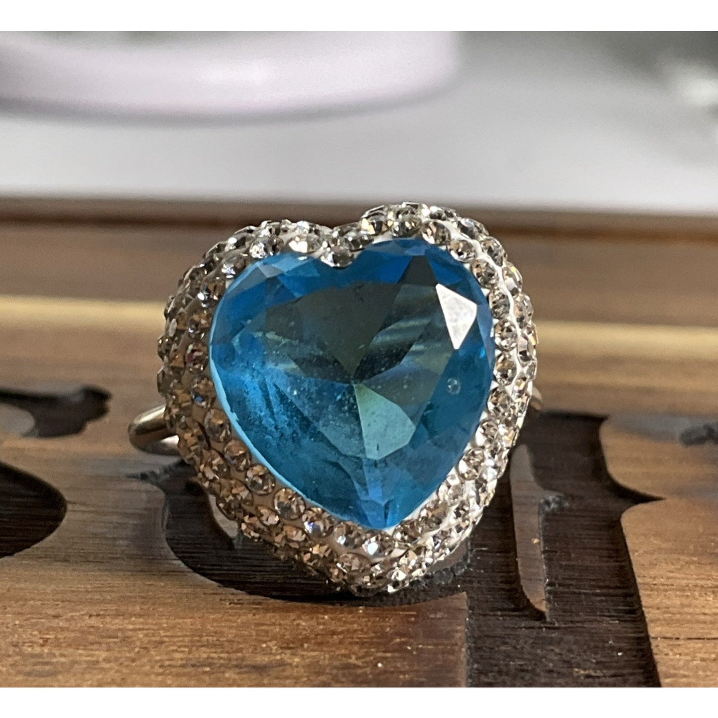 Sterling Silver Blue Heart Ring Adjustable Size 7 CZ Halo Romantic Gift Ring 925