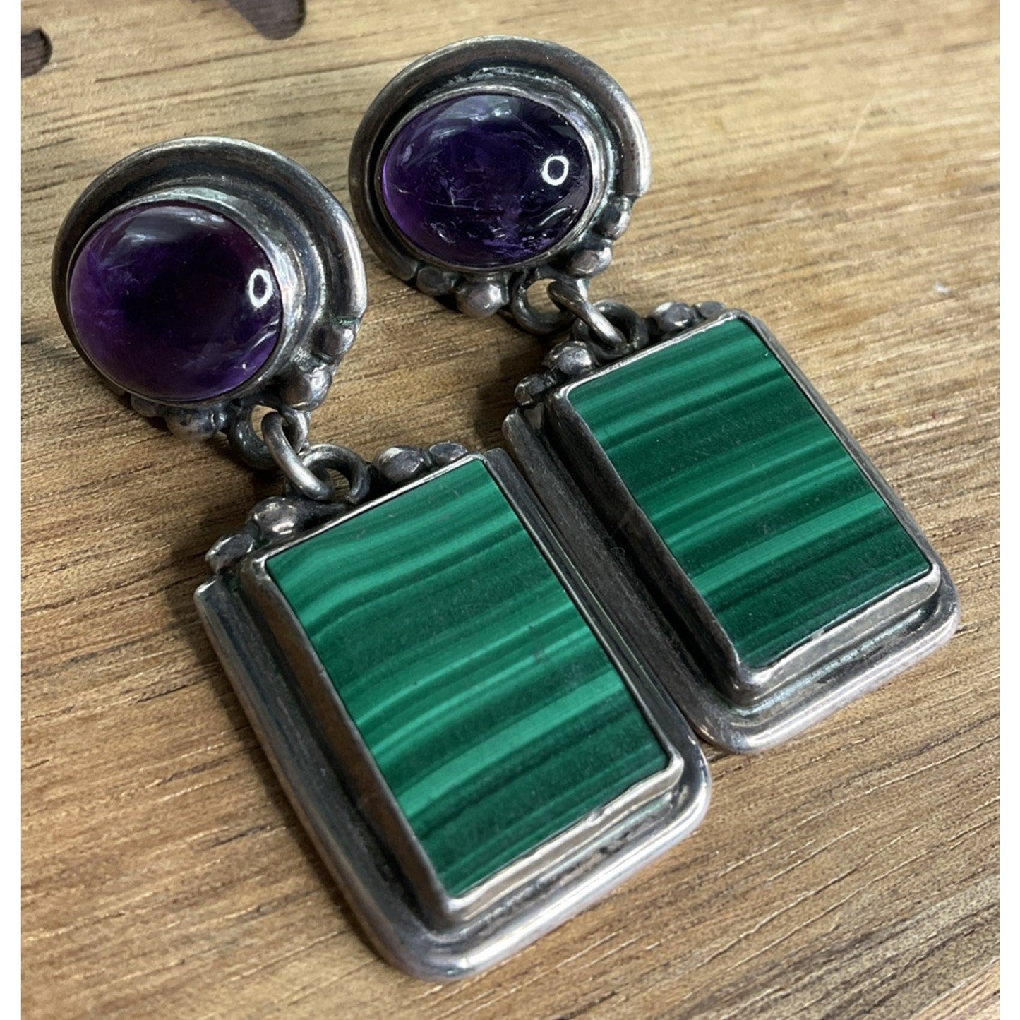 Vintage Roie Jaque Navajo Native American 925 Sterling Malachite Dangle Earrings