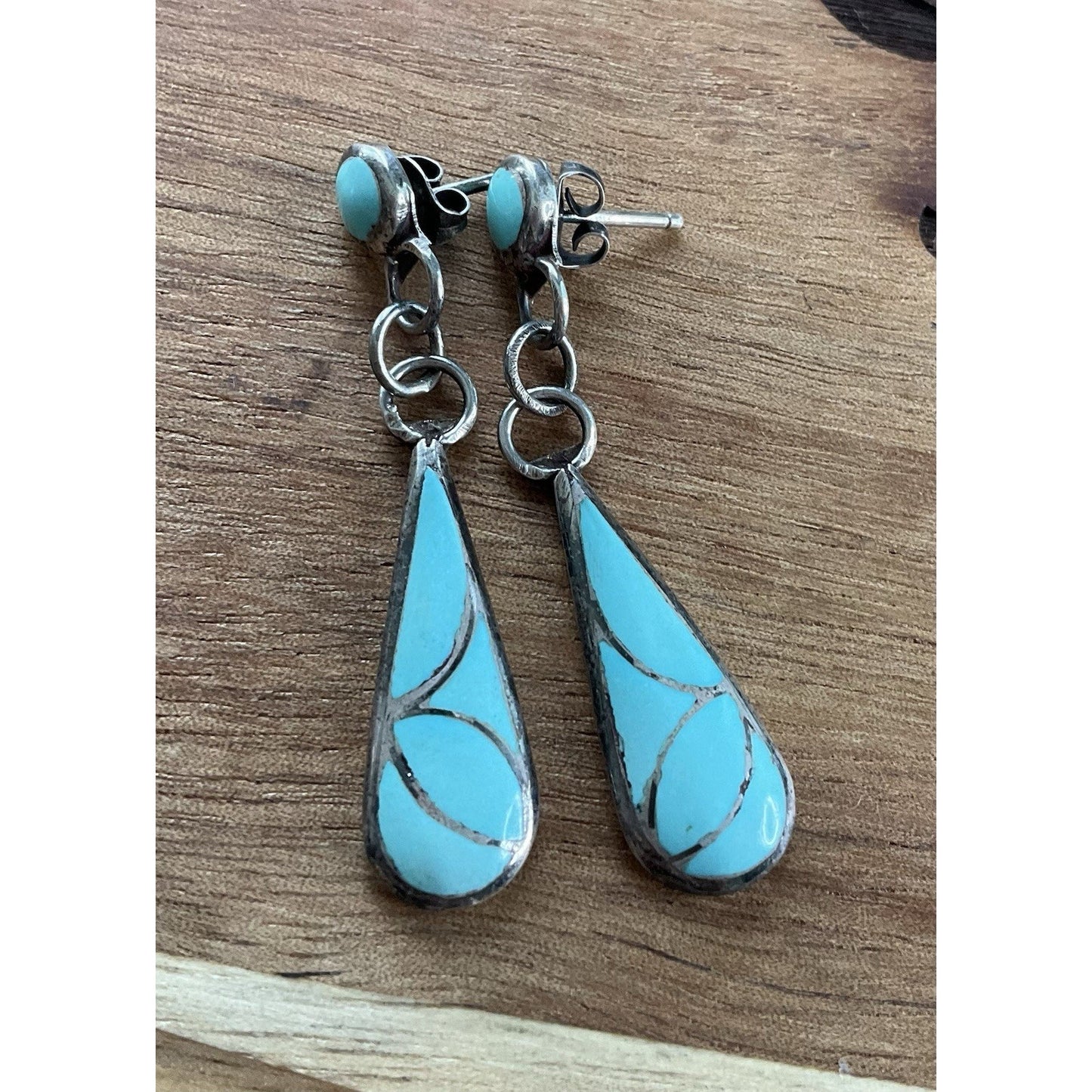 Sterling Silver Turquoise Inlay Dangle Earrings Teardrop Southwestern Style 4.3g