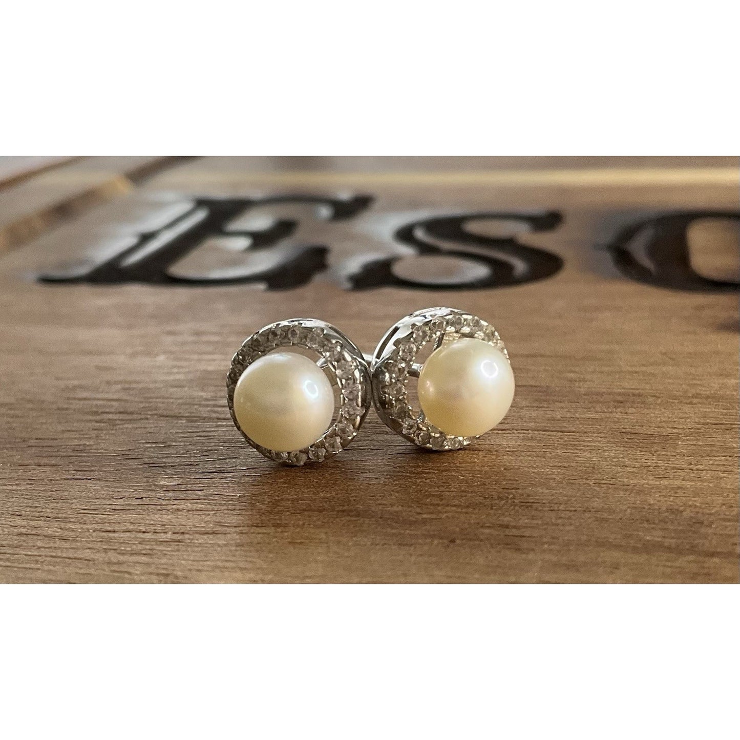 VINTAGE Sterling Silver Pearl Halo Stud Earrings Signed CP 925