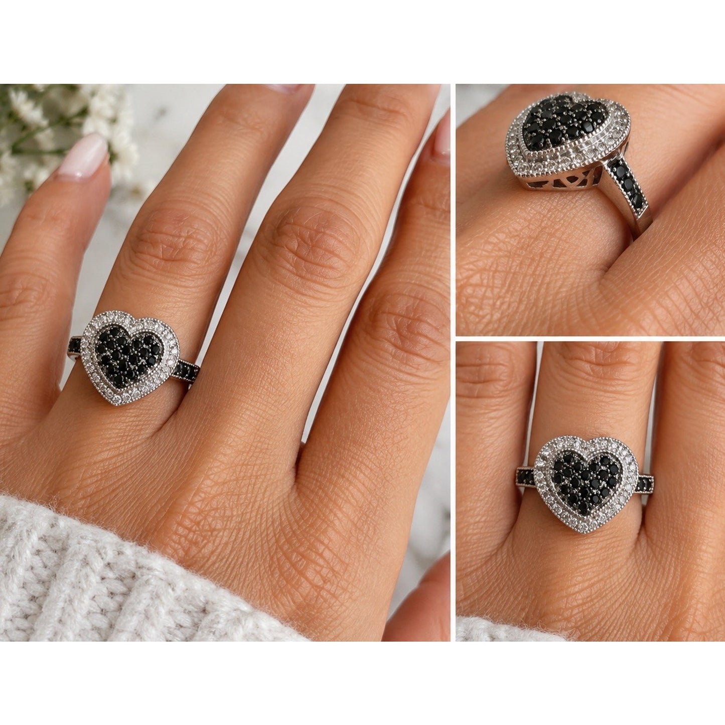 Vintage Sterling Silver Black and White Moissanite Heart Cluster Ring Size 7.5