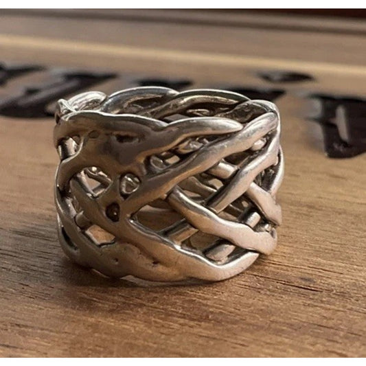 Vintage Sterling Silver Woven Band Ring Wide Openwork Statement Ring Size 7.5