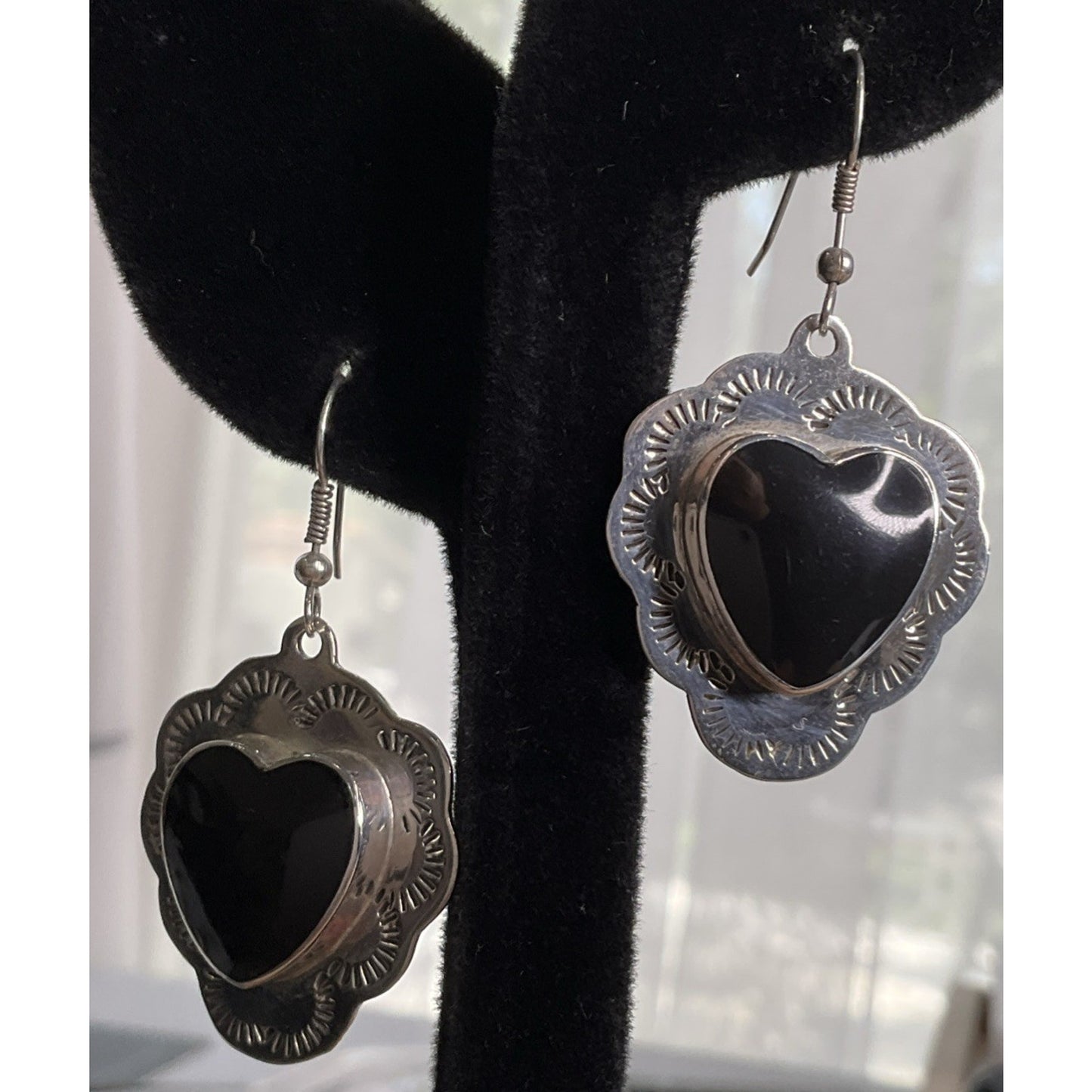 Vintage Native American Sterling 925 Black Onyx Heart Earrings Southwest 90s 13g
