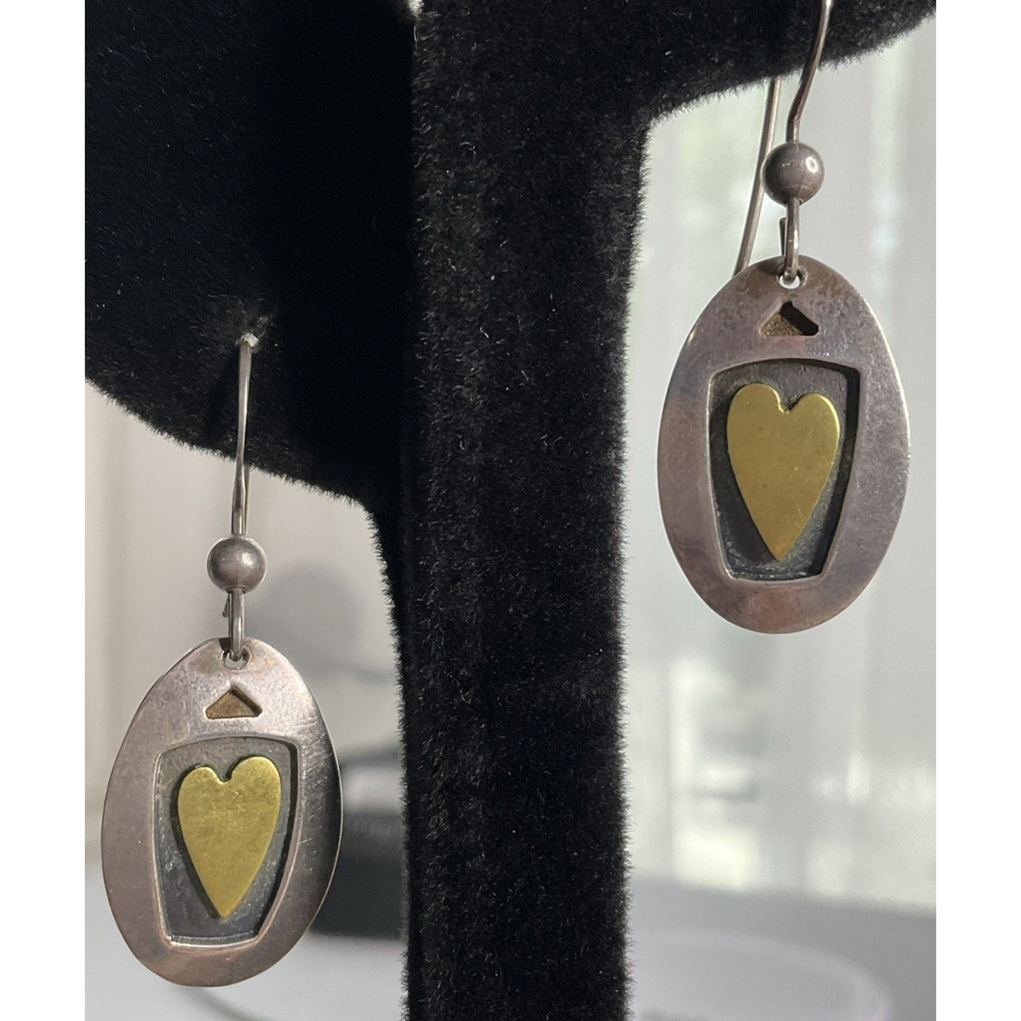 Vintage Two Tone Heart Sterling Silver And Gold Dangle Drop Earrings Signed FF