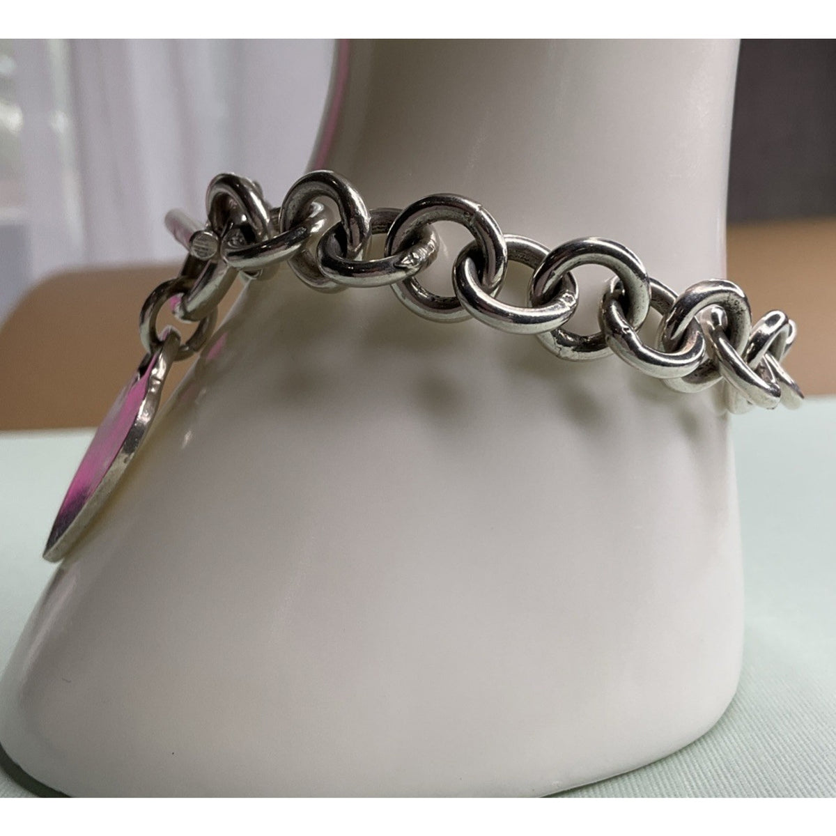 Vintage Sterling Silver Double Link Heart Charm Toggle Bracelet 40g