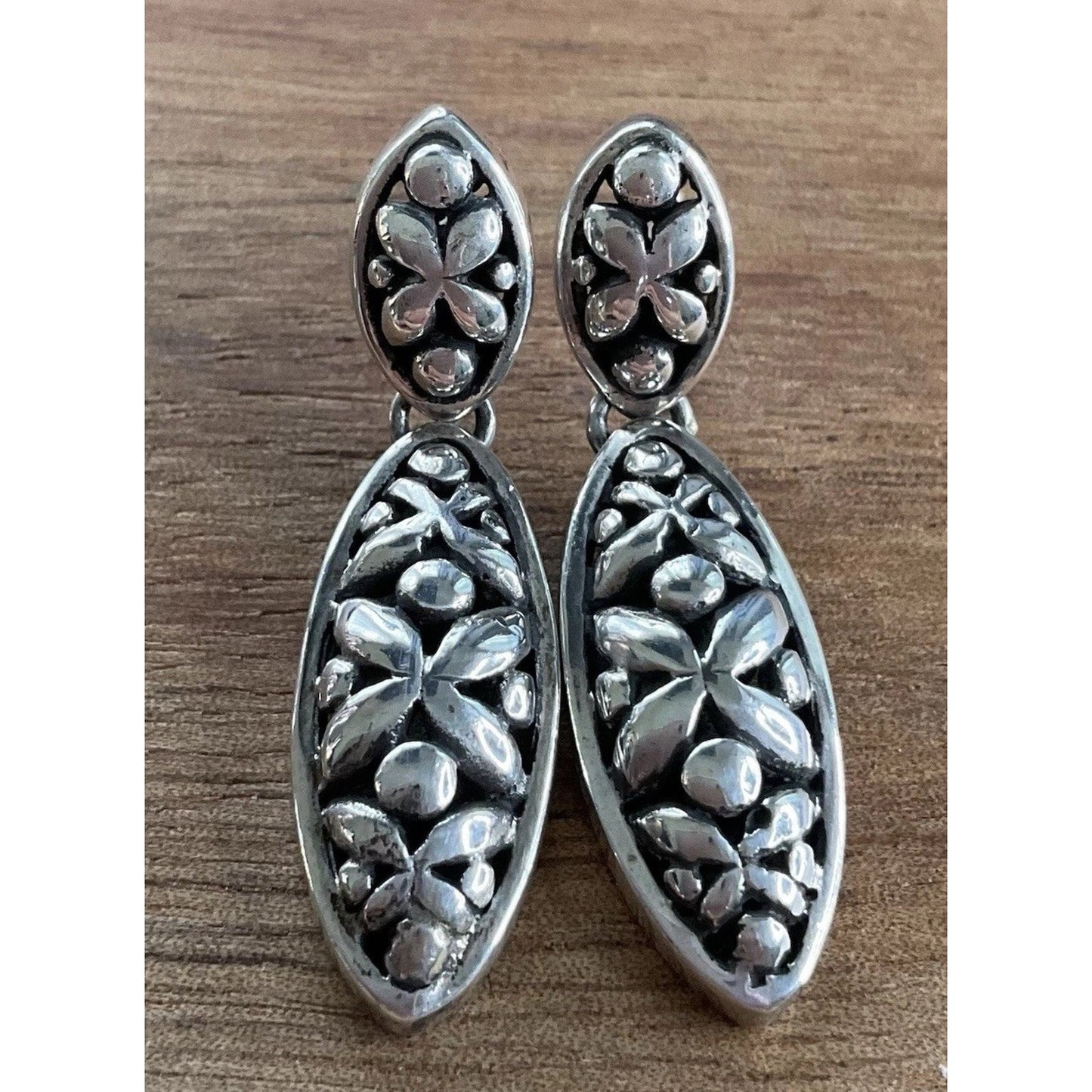 Sterling Silver Bali Style Floral Dangle Earrings 925 Boho Drop 7gr