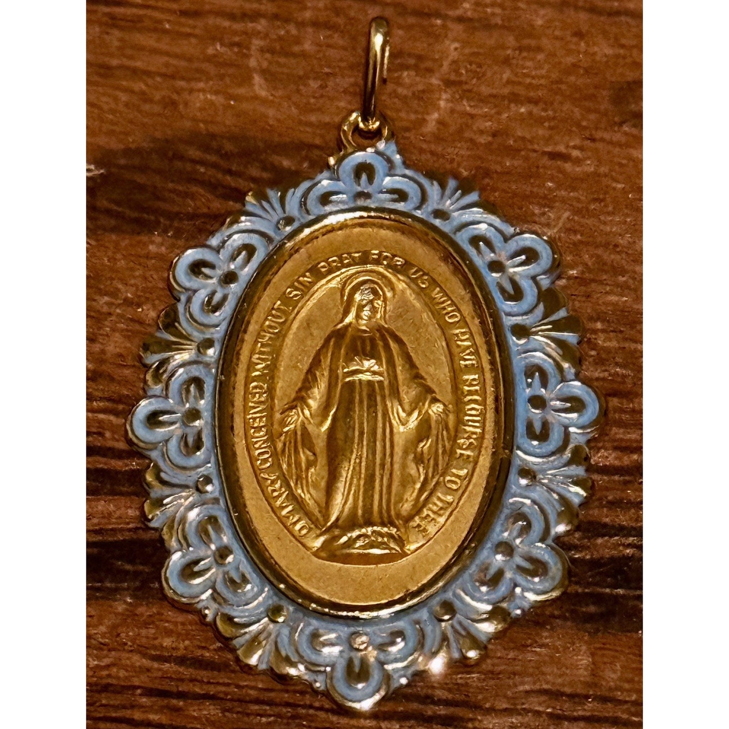 Vintage Germany Miraculous Medal Virgin Mary Gold Tone Blue Enamel Pendant