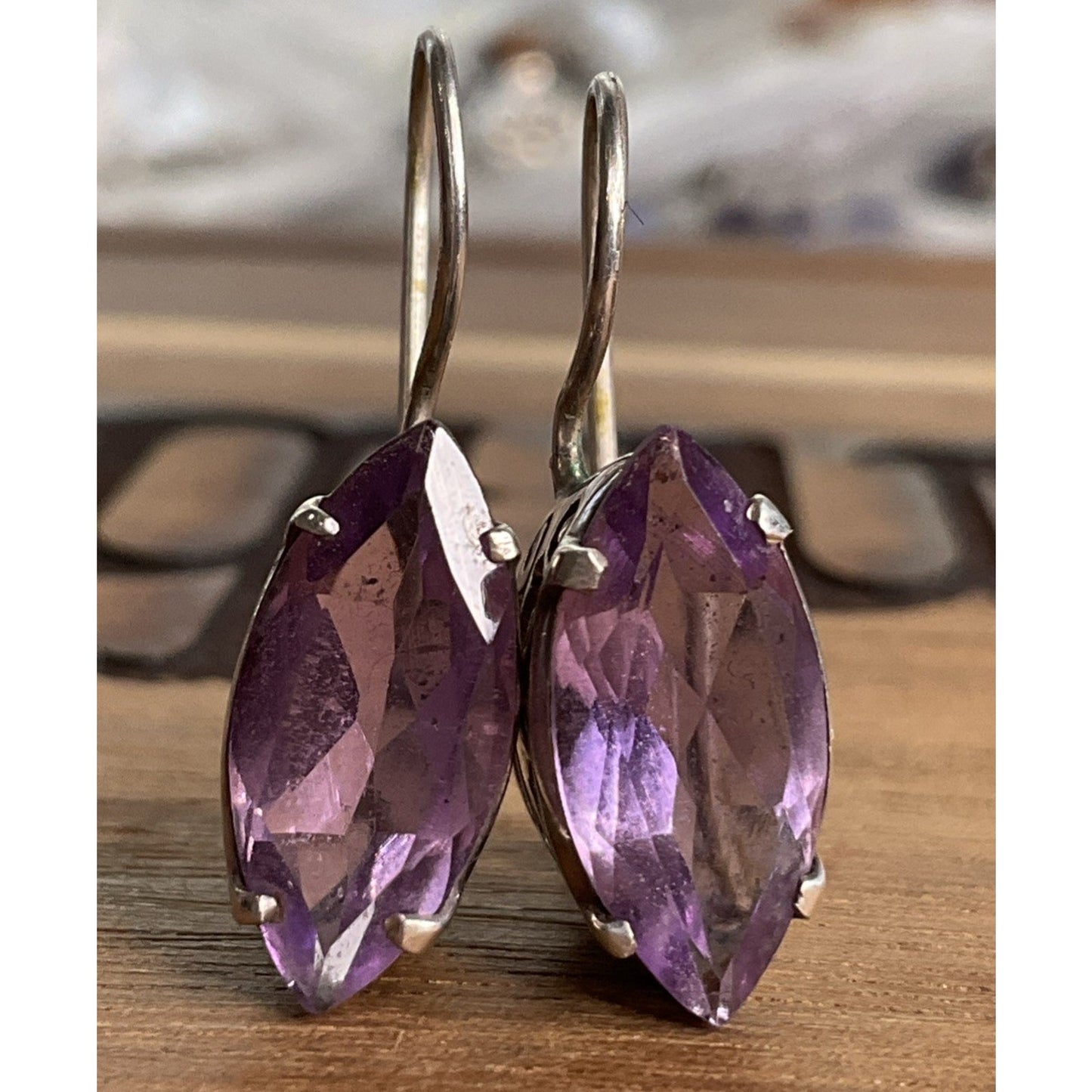 Vintage Sterling Silver Purple Amethyst Gemstone Marquise Leverback Earrings