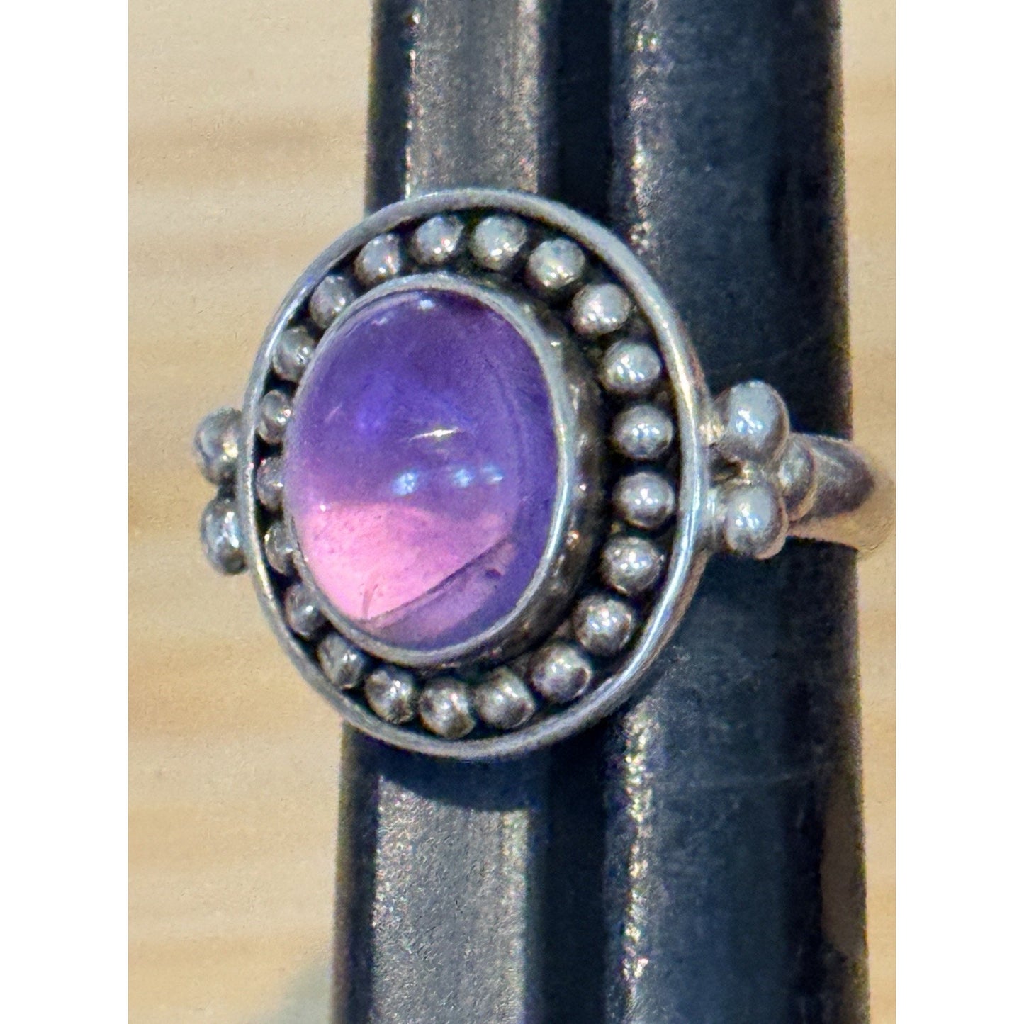Amethyst Cabochon Sterling Silver Beaded Purple Gemstone Ring Size 7.5 India