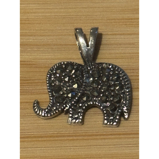 Vintage Sterling Silver Marcasite Studded 925 Elephant Pendant Lucky Elephant