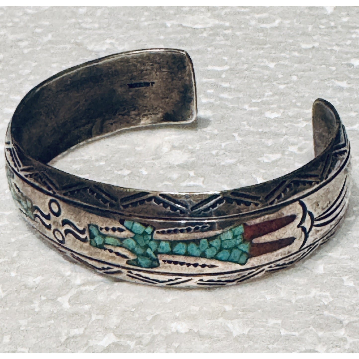 Signed Navajo J Nezzie Sterlin Silver Thunderbird Turquoise Coral Inlay Cuff 23g