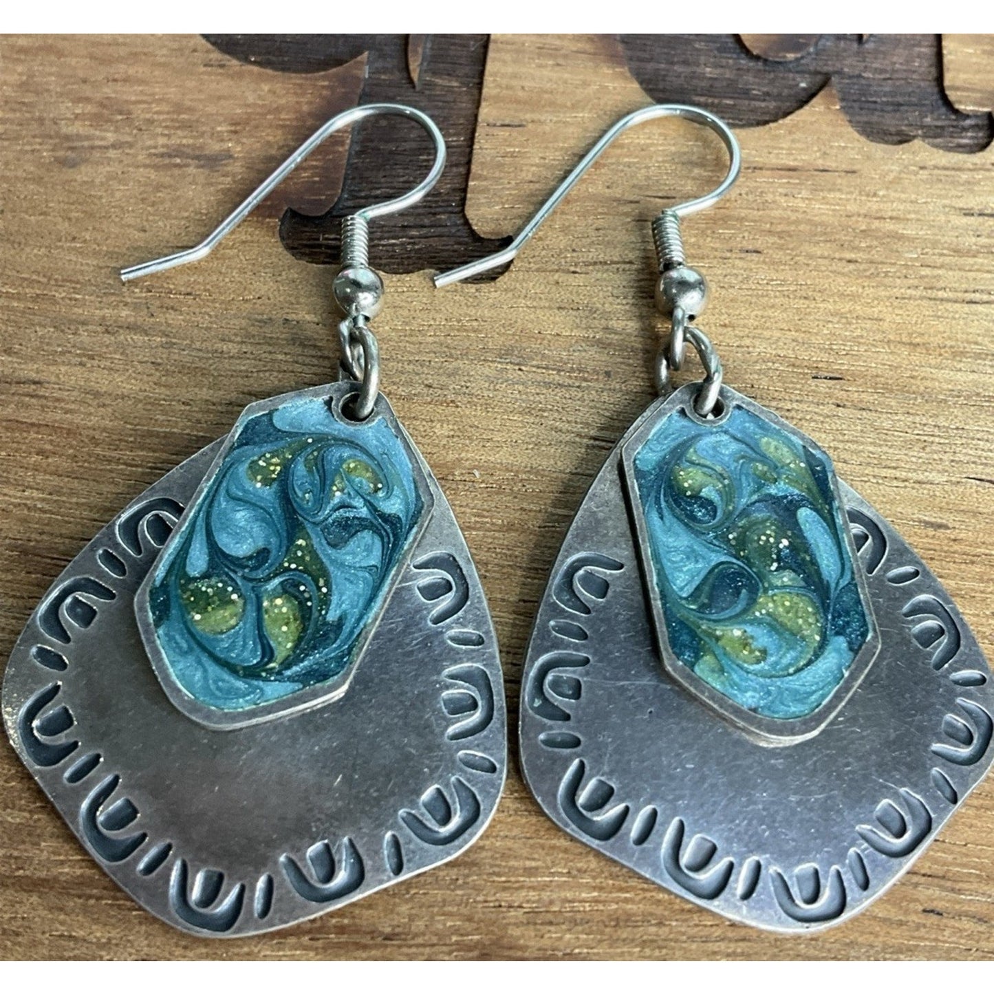 Vintage Sterling Silver Blue Enamel Mixed Metal Dangle 925 Earrings Signed NF