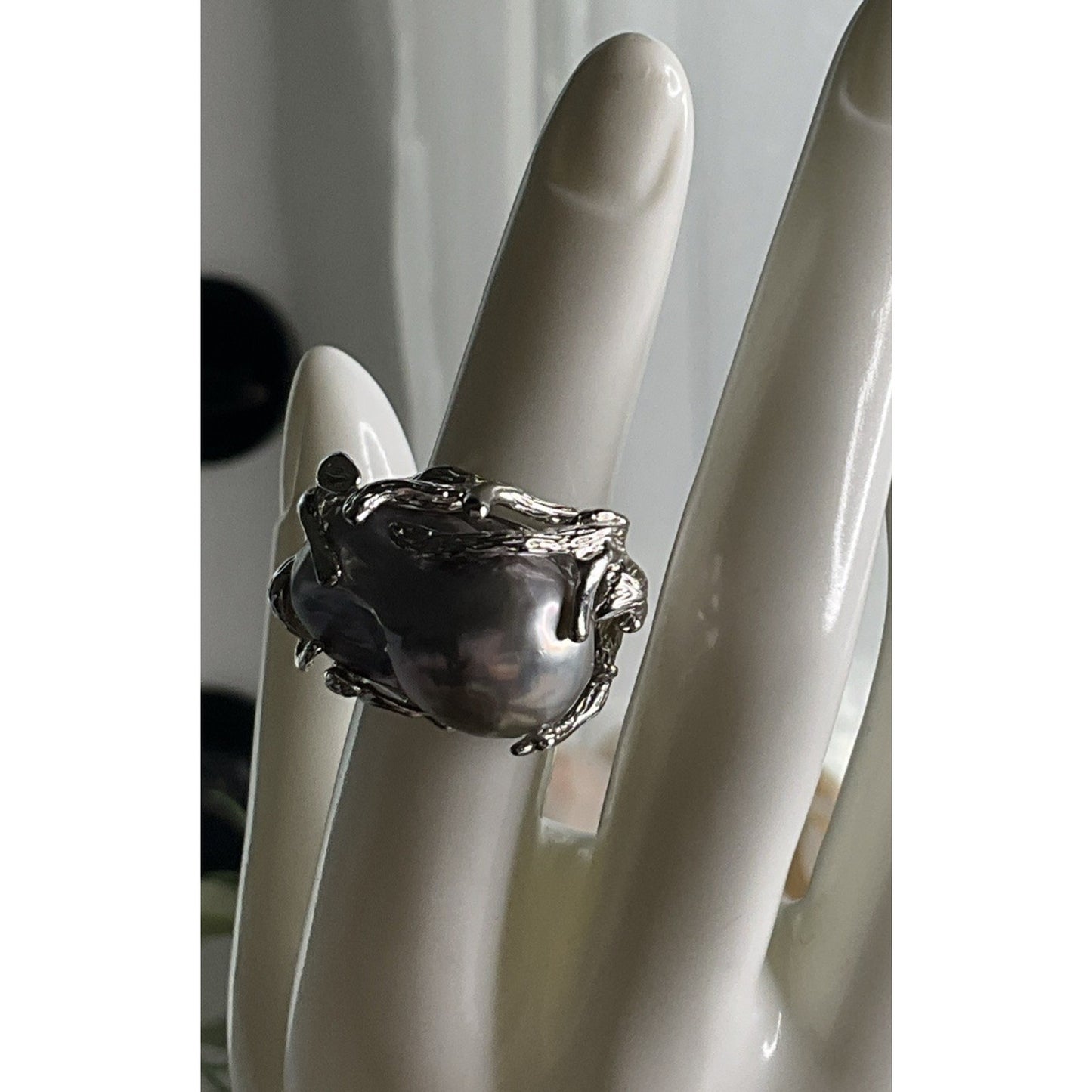 925 OP Sterling Silver Gray Baroque Pearl Branch Statement Ring 17g Size 6.5