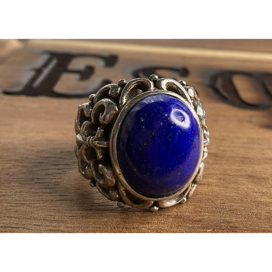 Vintage Lapis Lazuli Sterling Silver Ring Thailand J Filigree Statement Size 7.5