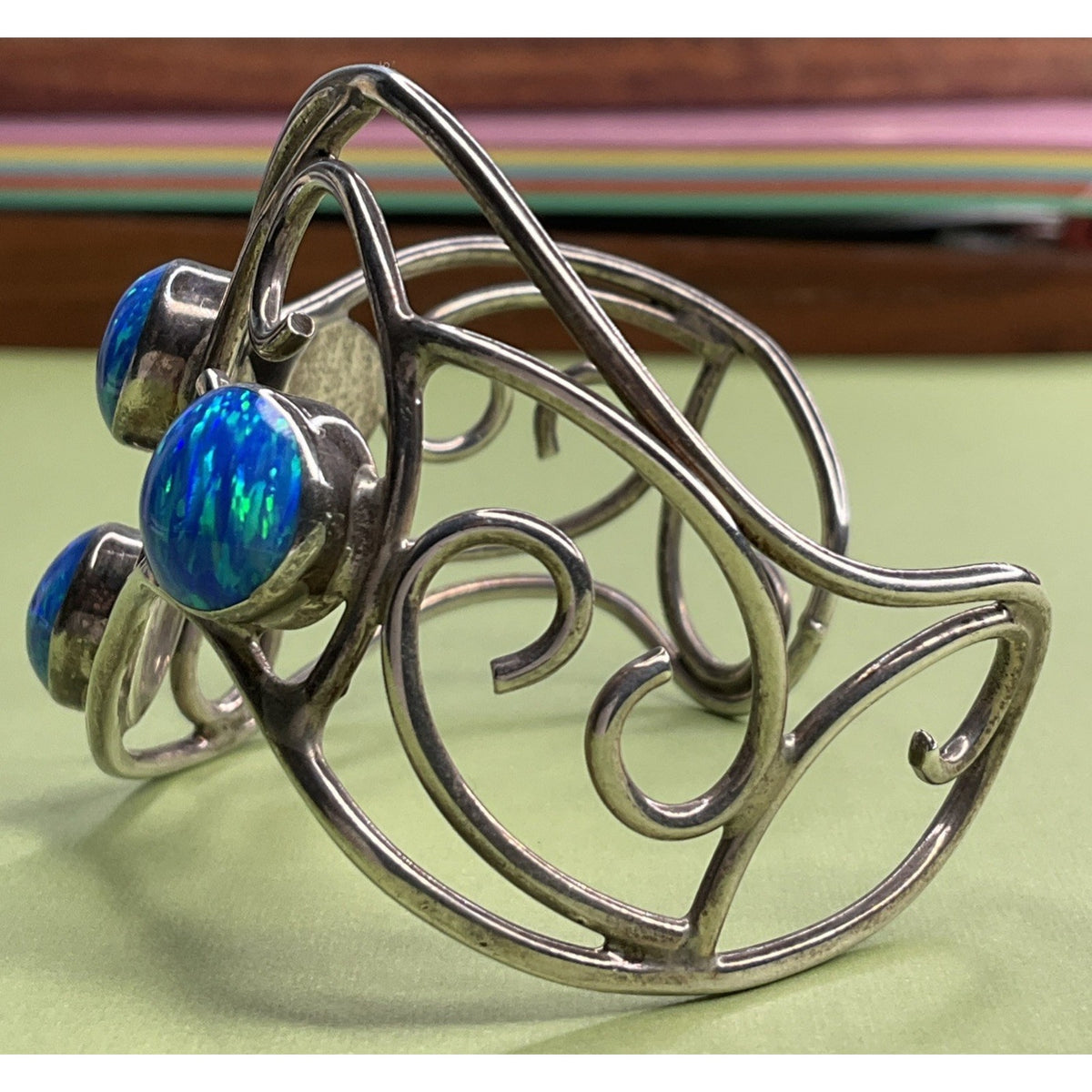 Mexico 925 Sterling Silver Blue Opal Wide Scroll Cuff Bracelet 31g