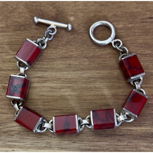 Vintage Sterling Silver 925 Coral Color Block Bracelet 40 Gr, 7.75”