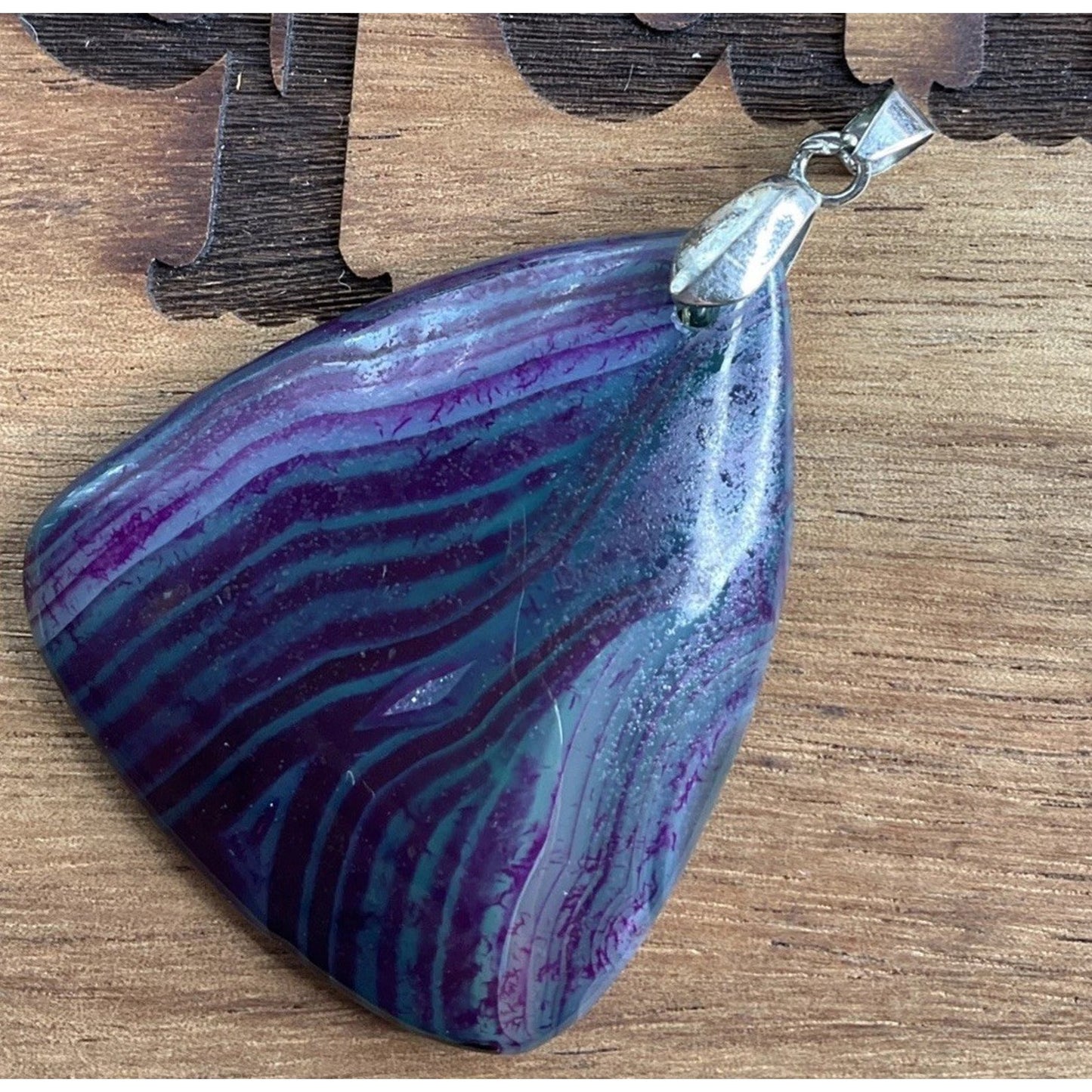 Large Banded Agate Pendant Purple Green Statement Stone Boho Freeform Pendant