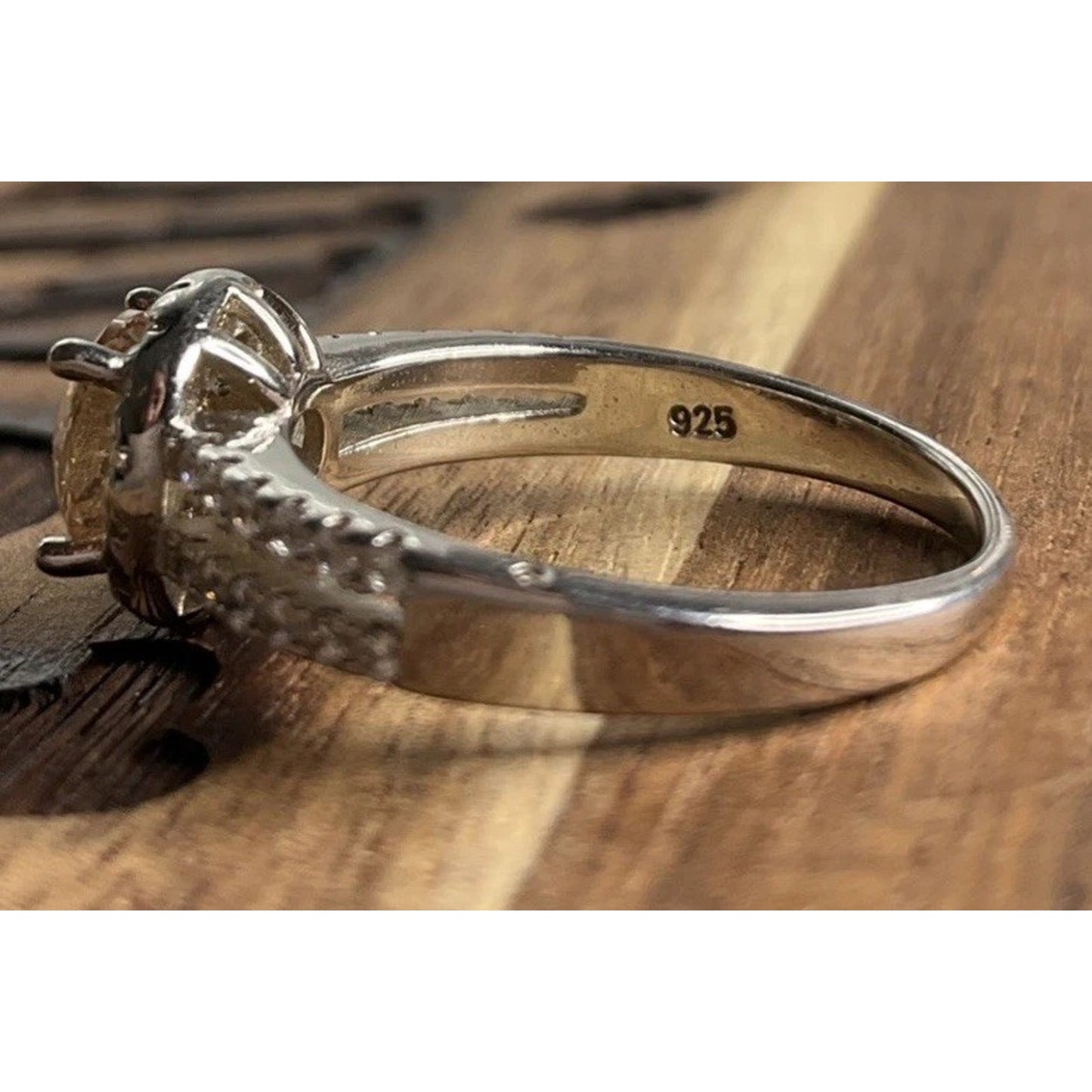Sterling Silver Champagne CZ Halo Engagement Ring Size 7.5 Round Bridal